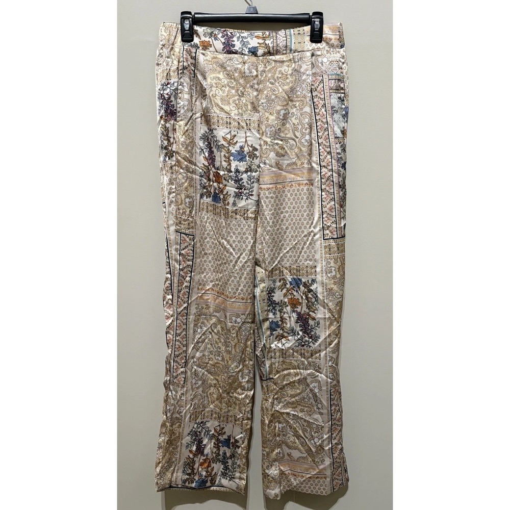 Rachel Zoe Wide Leg Satin Pants Womens L Floral Paisley Geometric Pockets Cream